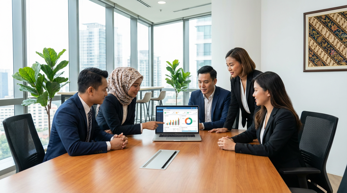 Malaysian business team collaborating with accounting software